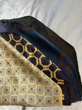 Dark Silk Scarf with Olive Geometric Squares